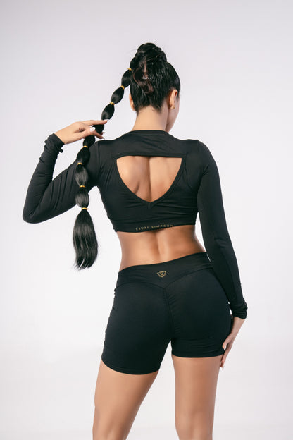 Long Sleeve Tri Cut Crop Top - Black