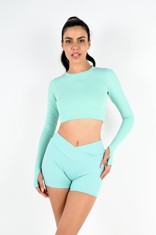 Long Sleeve Tri Cut Crop Top - Aqua Mint